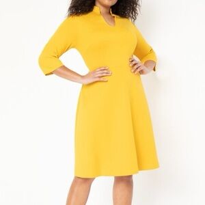 Eloquii Mustard Yellow Fit & Flare Dress Size 20 NWT 3/4 Sleeve Stretch Crepe
